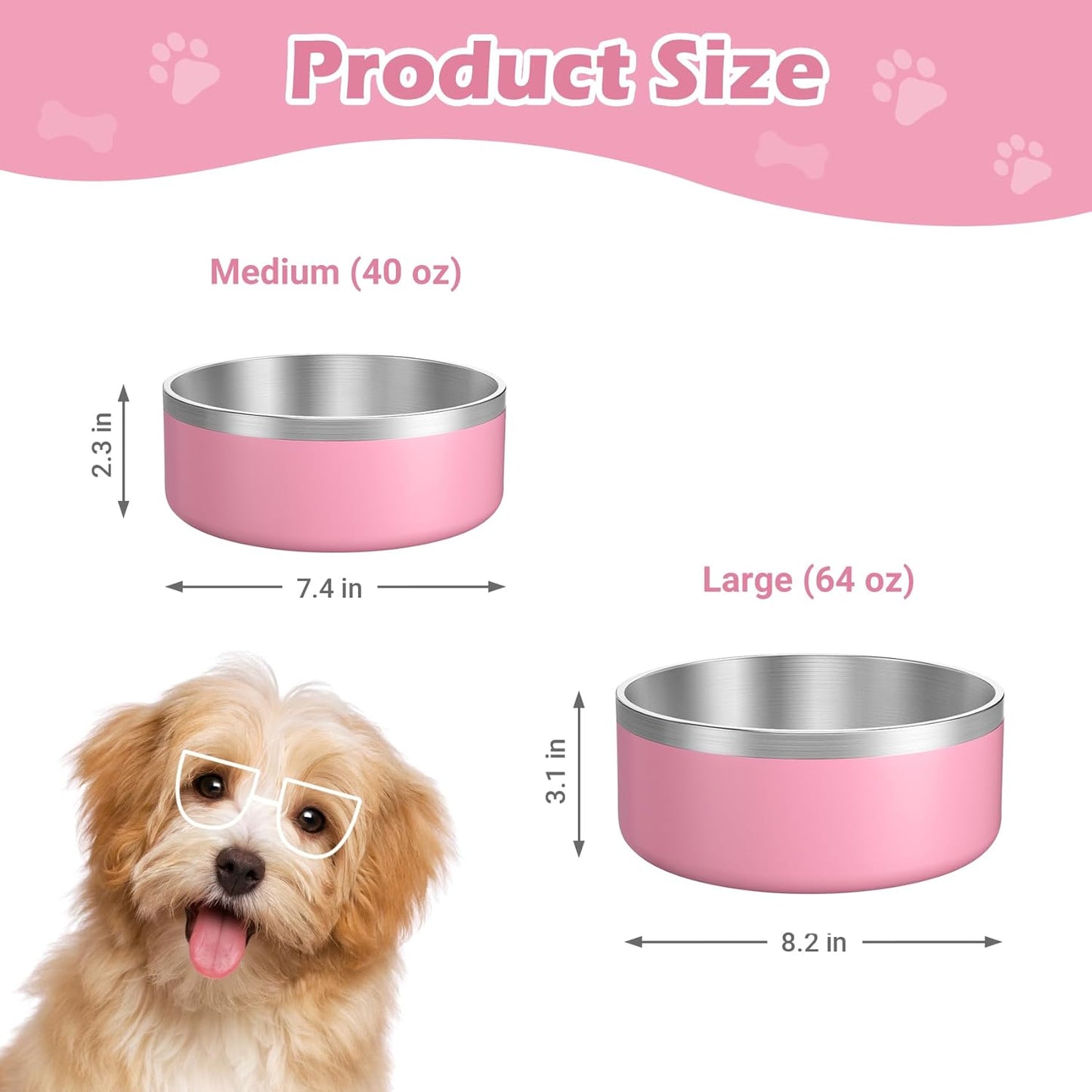 LIANLAI Dog Bowls, Rust-Resistant Stainless Steel Dog Bowls, Non-Slip Double-Walled Pet Dishes, Dishwasher Safe (Pink，40 oz)