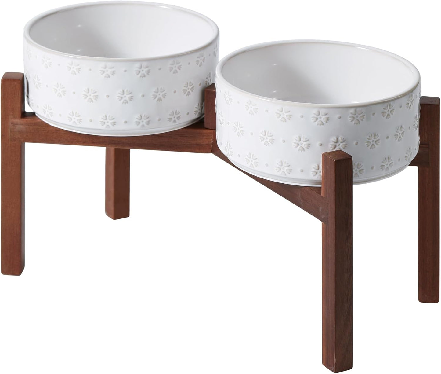 8.2inch Ceramic Raised Double Bowls Set with Acacia Wooden Stand, Food & Water Bowls for Large Breed Dogs, Weighted Dog Dishes, Pet Bowl(60OZ, Arctic White)