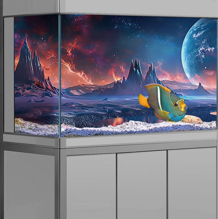 Scarlet Cosmic Aquarium Background,Cool Galaxy Parallel Space Themed Fish Tank Background, Tropical Desert Terrarium Background 24X12IN with 8 EVA Double-Sided Tape