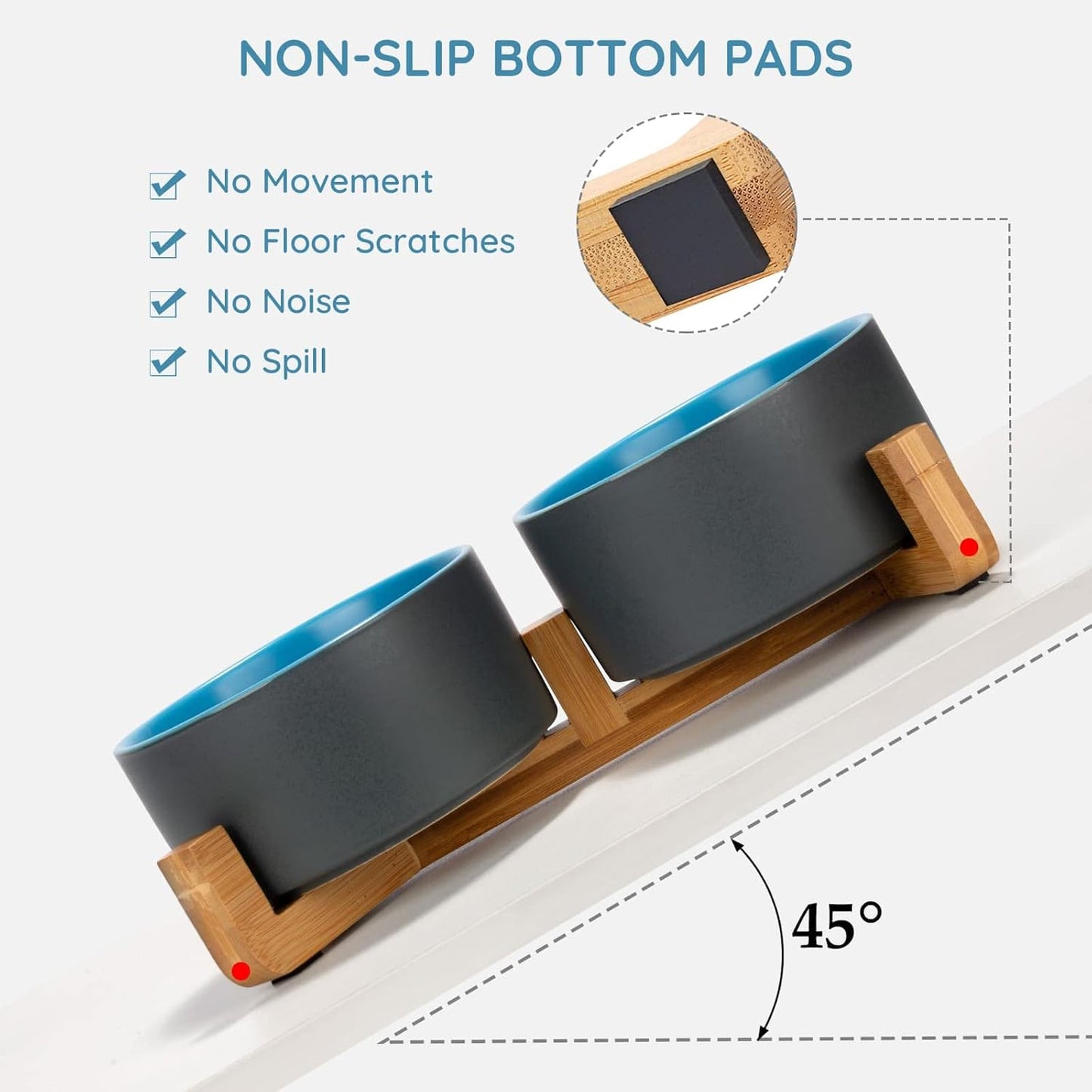 SPUNKYJUNKY Ceramic Dog and Cat Bowl Set with Wooden Stand, Modern Cute Weighted Food Water Set for Small Size Dogs (13.5OZ) & Medium Sized Dogs (28.7OZ) & Cats (3.6 Cups, 2 × Blue-Grey)