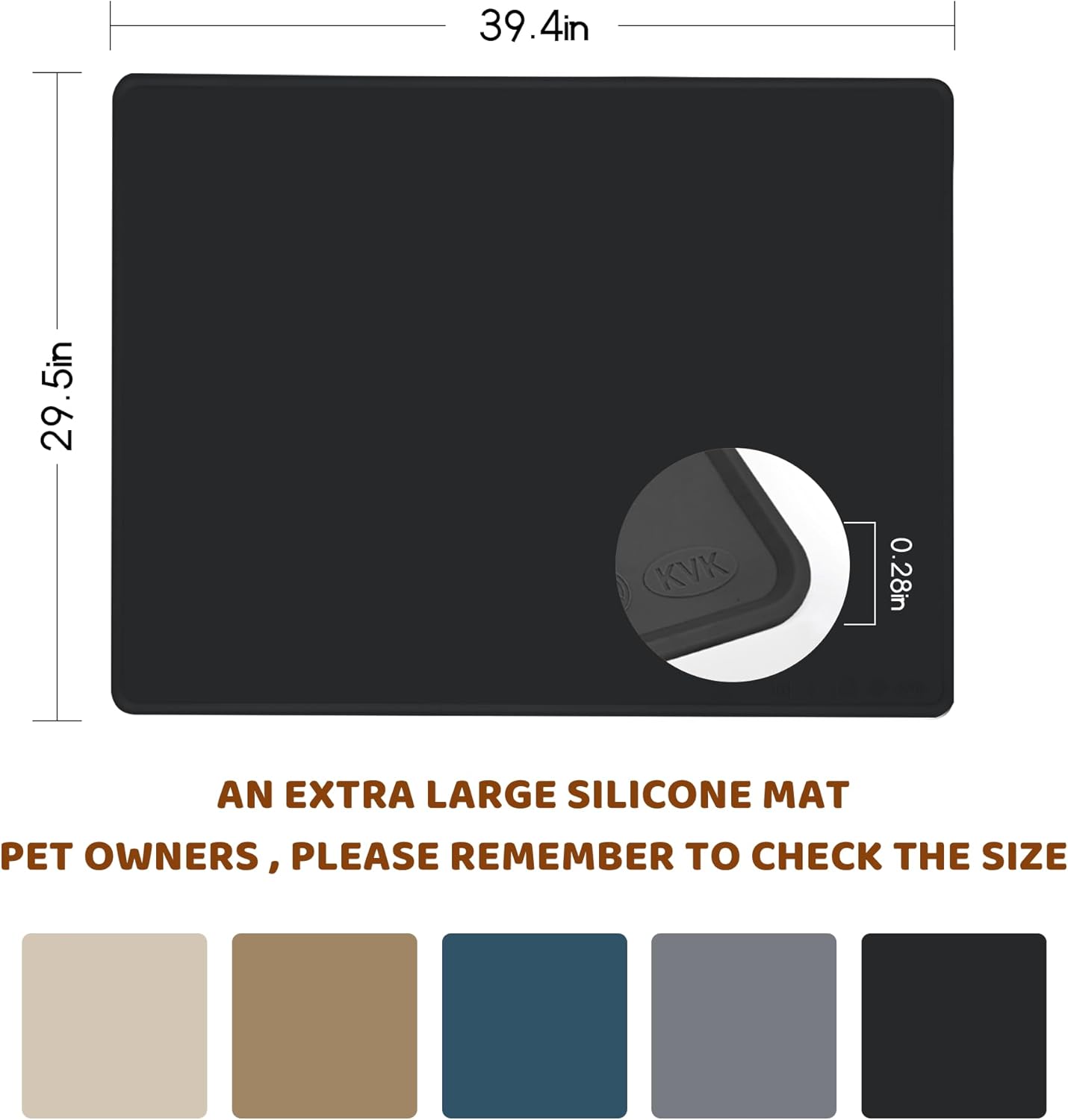 KVK Dog Food Mat, 39.4×29.5in Extra Large Silicone Pet Feeding Mat - Waterproof, Non - Slip, Chew - Resistant for Food & Water, Protect Floors (Charcoal)