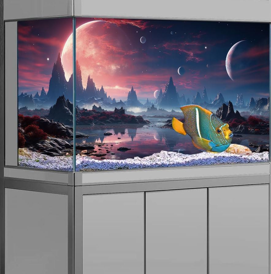 30X12IN Cosmic Spaceterrarium Background, Cool Parallel Space Themed Aquarium Reptile Habitat Background, Red Moon Aquarium Background with 10EVA Double-Sided Tape