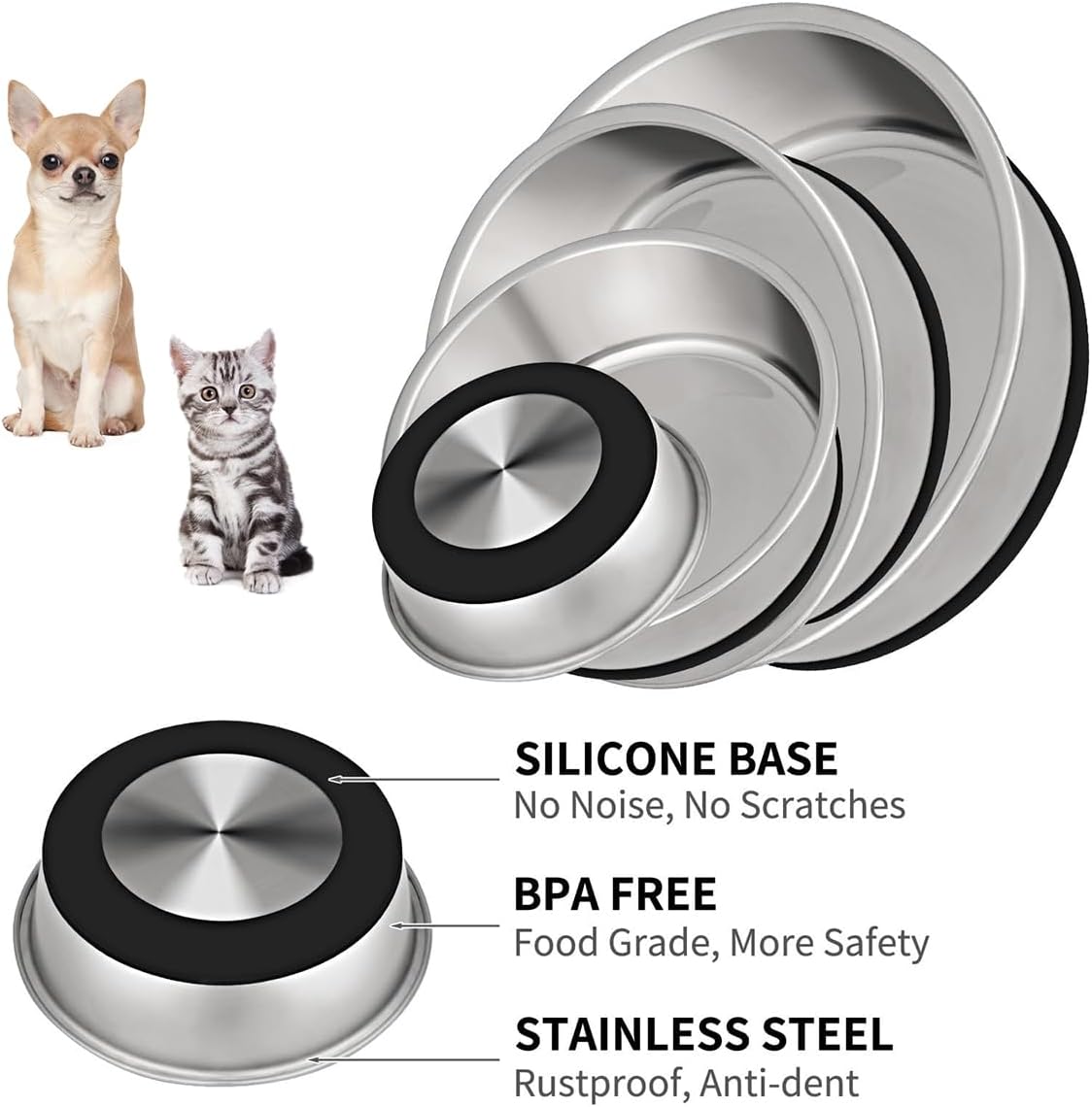 Taglory 2 Cup Stainless Steel Dog Bowls Set of 2 for Food and Water, Silicone Base Anti-Slip, Rust Resistant, Extra Thick Metal Dog Bowl for Cats and Puppies, 17oz, Black