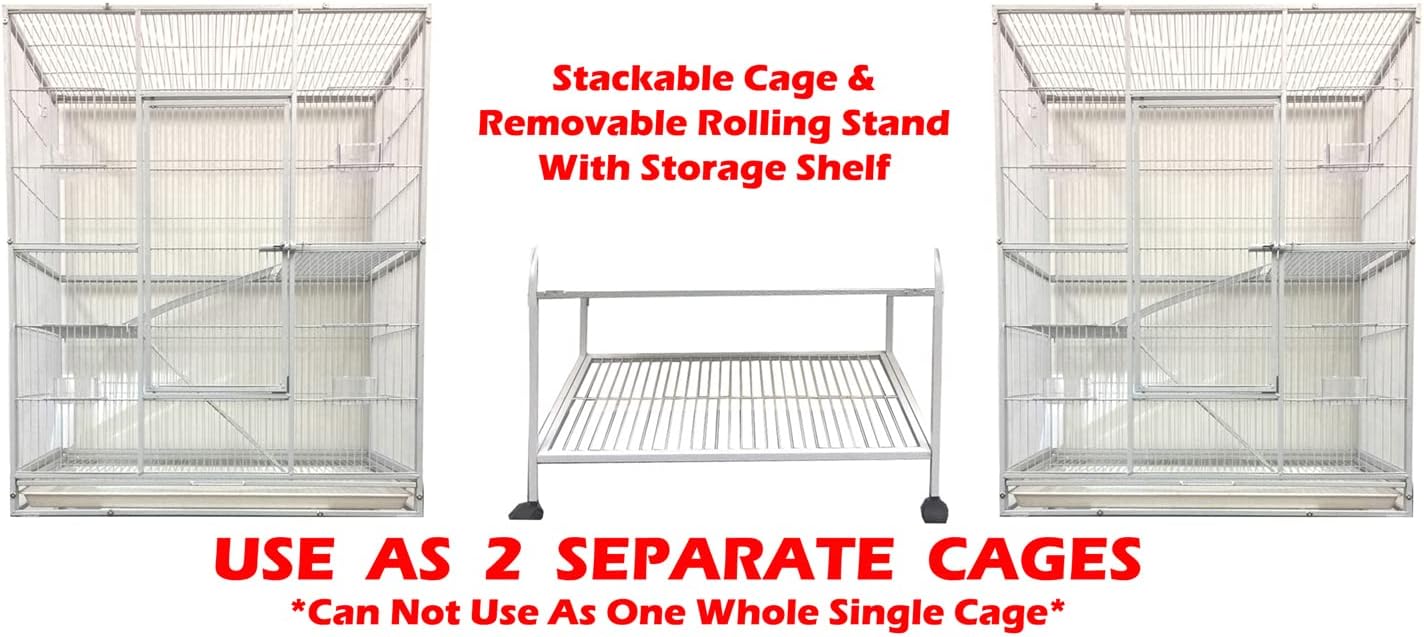 Extra Large Double Stacker Breeding Flight Bird Wrought Iron Double Parrot Bird Breeder Cage Side Nesting Box Doors Easy Clean Pull Out Metal Grate and Tray with Removalbe Rolling Stand