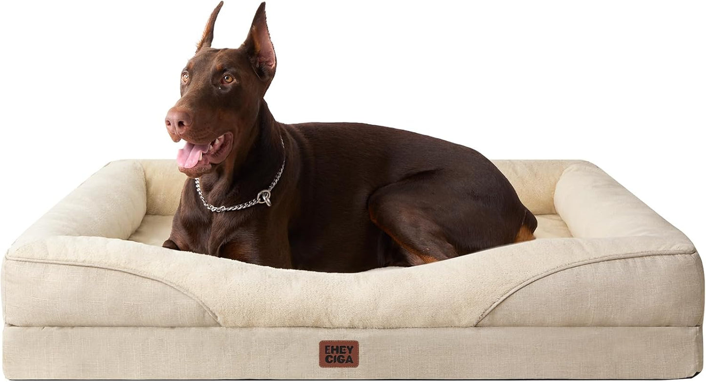 EHEYCIGA Memory Foam XL Dog Bed for XLarge Sized, Extra Large Orthopedic Dog Sofa with Sides and Waterproof Liner, Washable Bolster Pet Couch with Removable Cover, 48x35x7.5 Inch, Beige