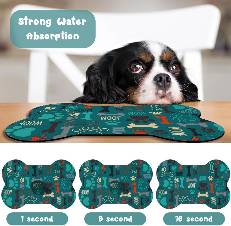 Dog Food Mats for Floors Waterproof, Pet Feeding Absorbent Water Bowl Mat Cat Placemats Green Bone Shape 25.5 * 17 inch