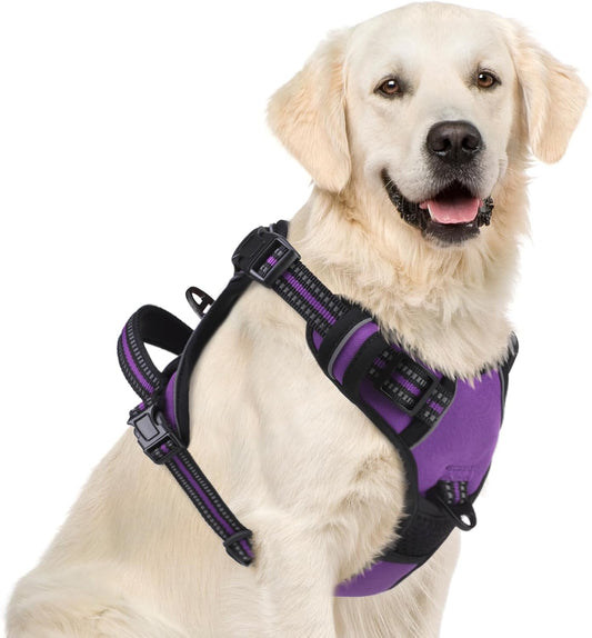 PUPTECK No Pull Dog Harness for Large, Adjustable Reflective Dog Harness with Handle Easy Control, Comfortable Soft Padded Pet Vest Harness for Extra Large Dogs, Solid Purple XL