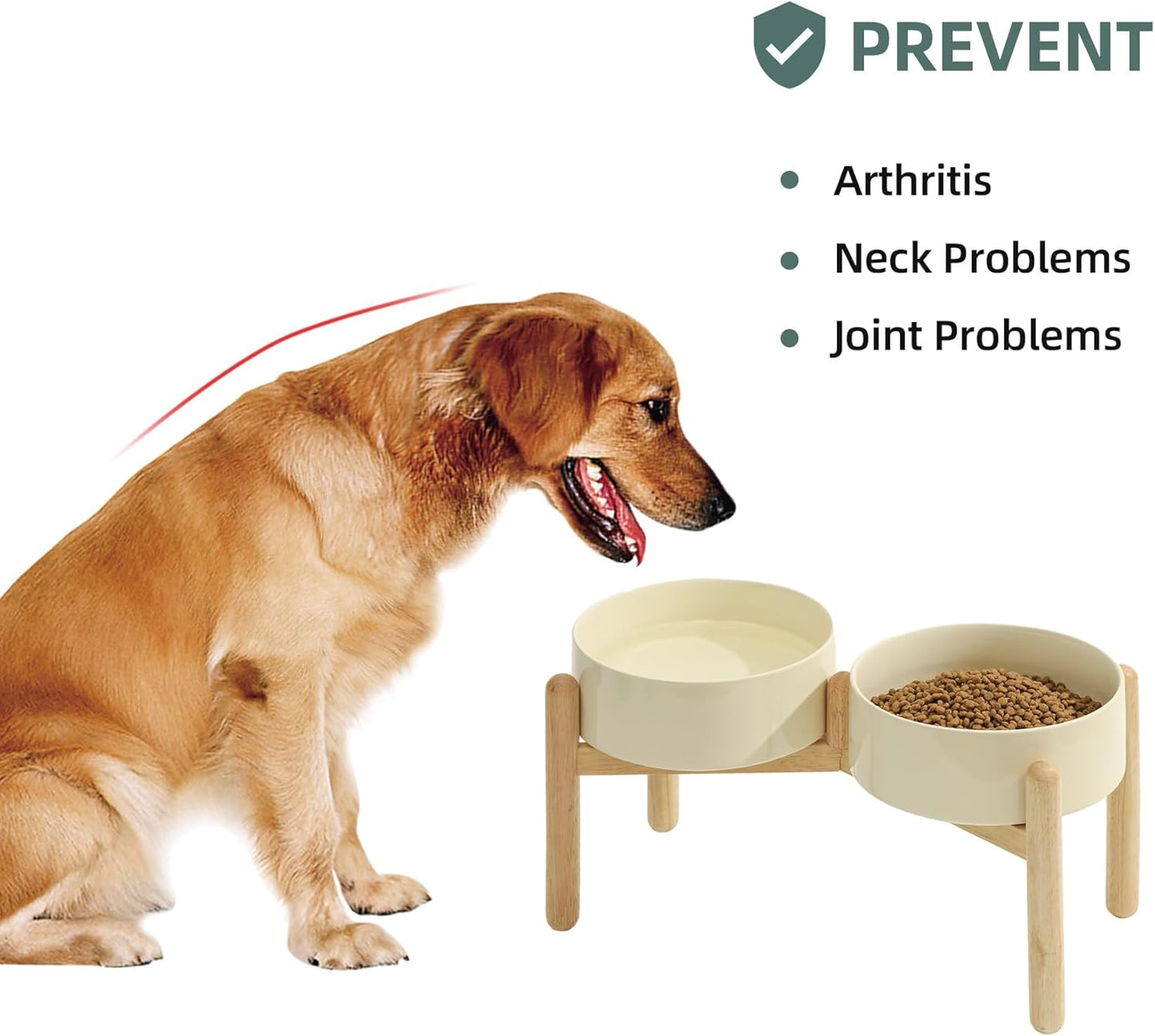 Ceramic 8.2inch Raised Dog Bowl with Stand for Large- Breed Dogs, Pet Food and Water Feeder (Double Bowl with Stand - Beige)