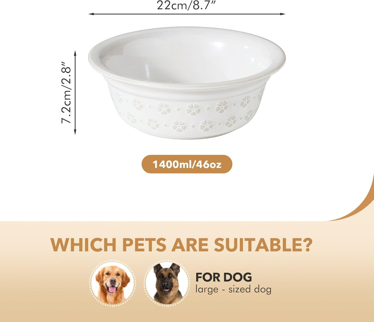 Ceramic 8.7inch Dog Bowl for Large Dog, Basic Food and Water Bowl for Replacement, Wide Opening Rounded Edge(Single Bowls, Reactived Glaze -White)