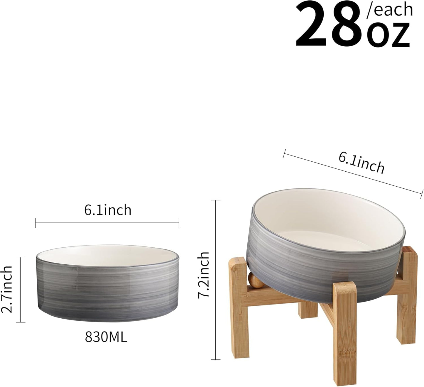 Elevated/Raised 15°Tilted Anti Slip Ceramic Dog Bowls,Slanted Bulldog Pet Food Water Feeding Dish Stand for Cats and Dogs (3.6 Cups/28 OZ) Grey White