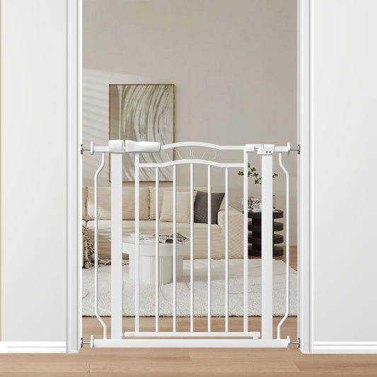 29.9-33.4 in Wide Baby Gate for Stairs Doorways, Auto Close Child Safety Gates Indoor for Dogs Pets, Pressure Mounted Metal Barrier Kids Toddler Door Walk Through, 30" Tall, White