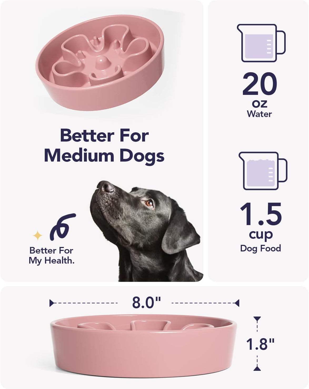 LE TAUCI Slow Feeder Dog Bowls Ceramic, 1.5 Cups Dog Food Bowl, Puppy Slow Feeder Dish for Fast Eaters,Pink Bloom