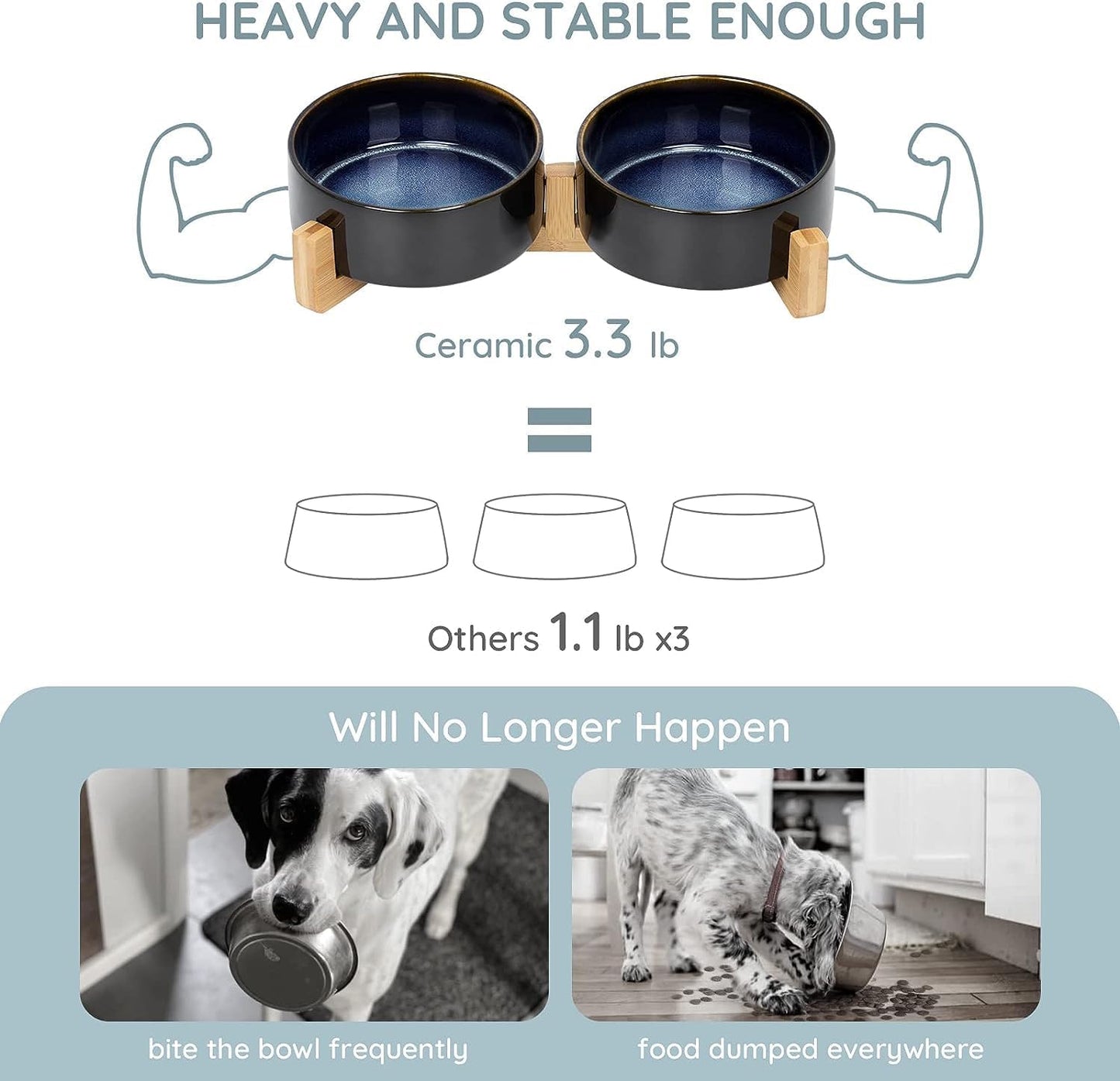 SPUNKYJUNKY Ceramic Dog and Cat Bowl Set with Wooden Stand, Modern Cute Weighted Food Water Set for Small Size Dogs (13.5OZ) & Medium Sized Dogs (28.7OZ) & Cats (1.7 Cups, 2 × Starry Blue)