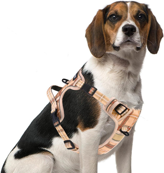 PUPTECK No Pull Dog Harness Medium Sized, Adjustable Reflective Dog Harness with Handle Easy Control, Comfortable Soft Padded Pet Vest Harness for Medium Dogs, Plaid Beige M