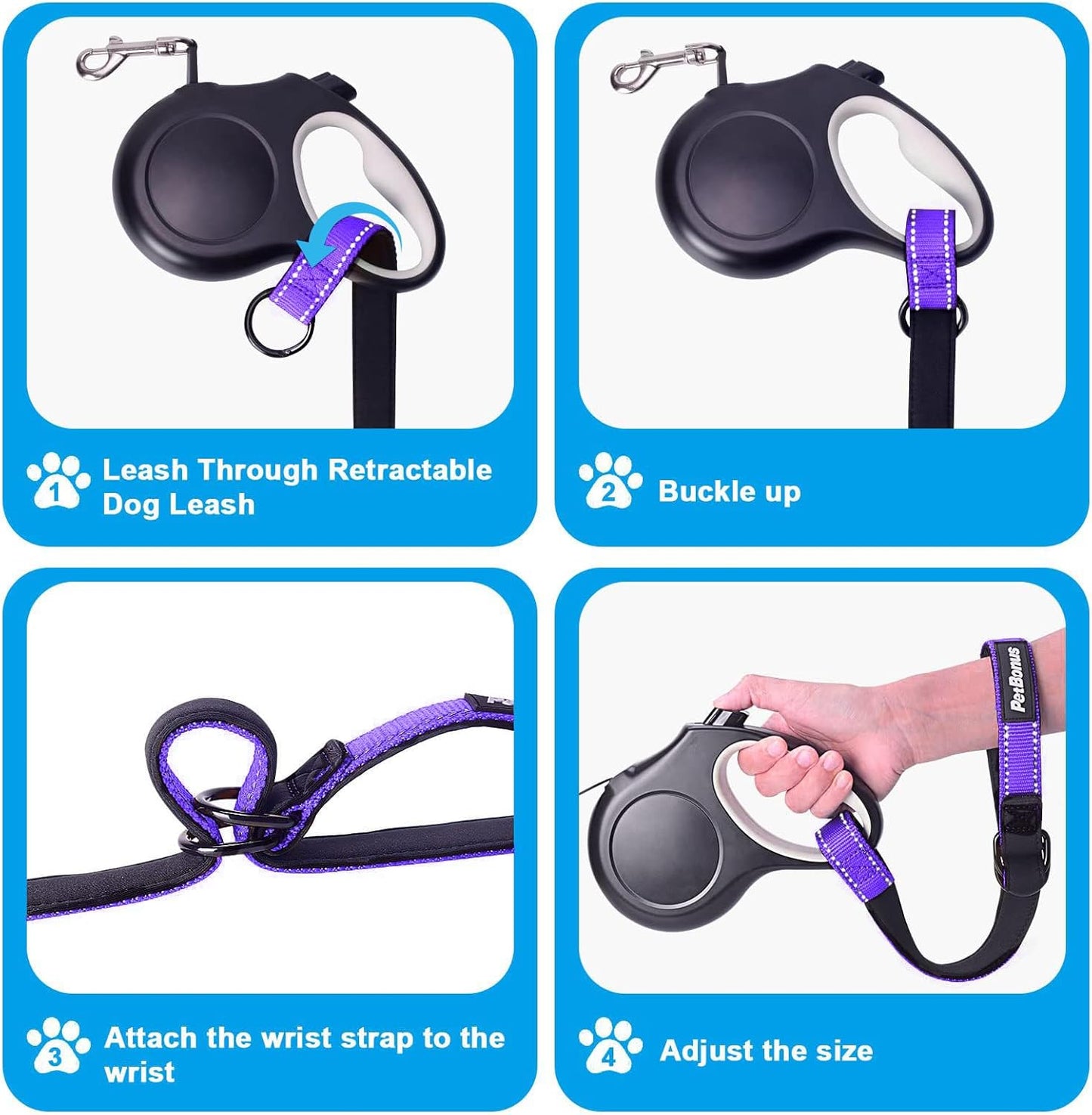 PetBonus Short Dog Leash, Safety Wrist Strap for Retractable Dog Leash, Reflective Design and Adjustable Soft Padded Handle, Extra Layer Security for Pet Stroller (Purple)