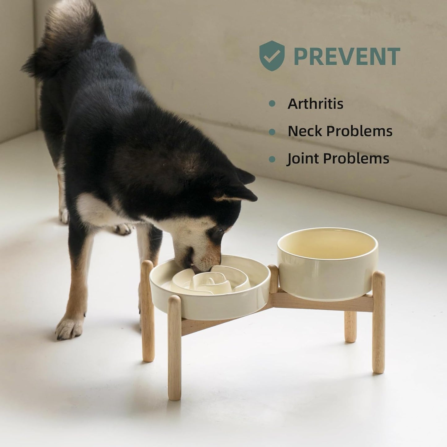 Ceramic Raised Slow Feeder Dog Bowl Set, Elevated 6.1inch Bowl and 7.3inch Puzzle Slow Food Dish with Wooden Stand for Small and Medium Dog, Anti-Gulping (2X Beige+ Stand)