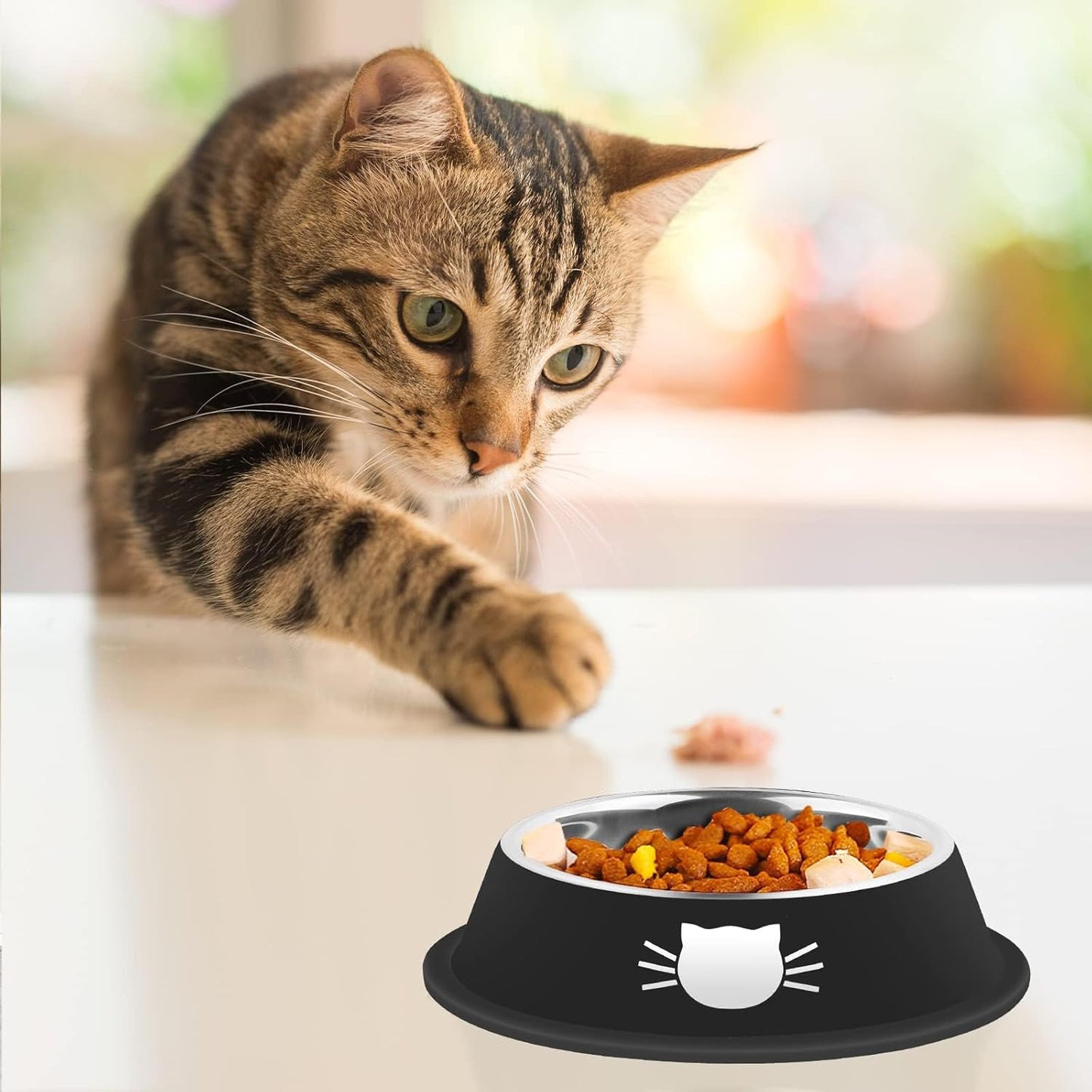 2 Pcs Non-Slip Stainless Steel Small Cat Food Bowls - Unbreakable, 13 Oz, Suitable for Indoor Small Pets - Removable Rubber Base, Easily Clean, Lovely Color