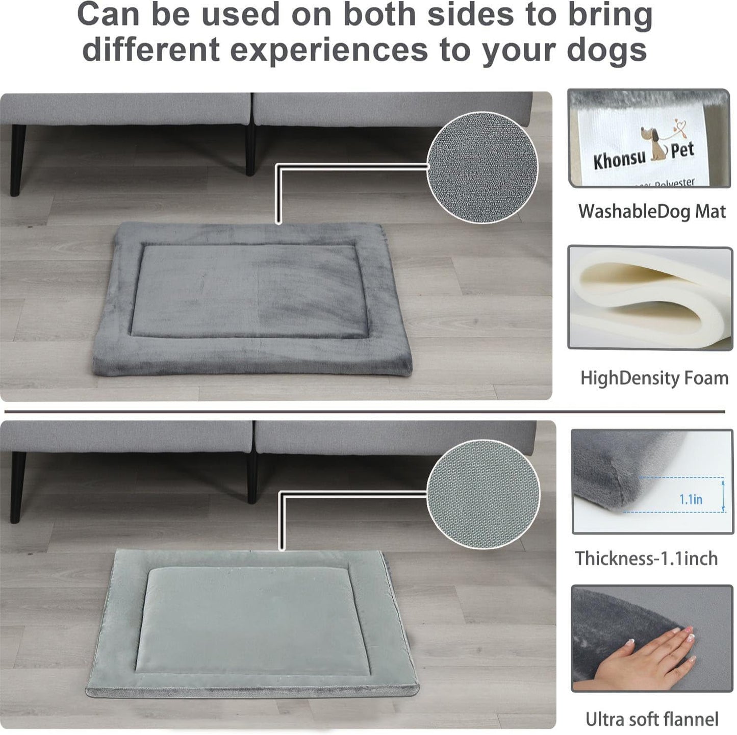 KHONSU PET Dog Bed Mat for Crate 1.1in Slim Cooling Pad Reversible Flannel & Waterproof Canva for Dogs up to 110 lbs