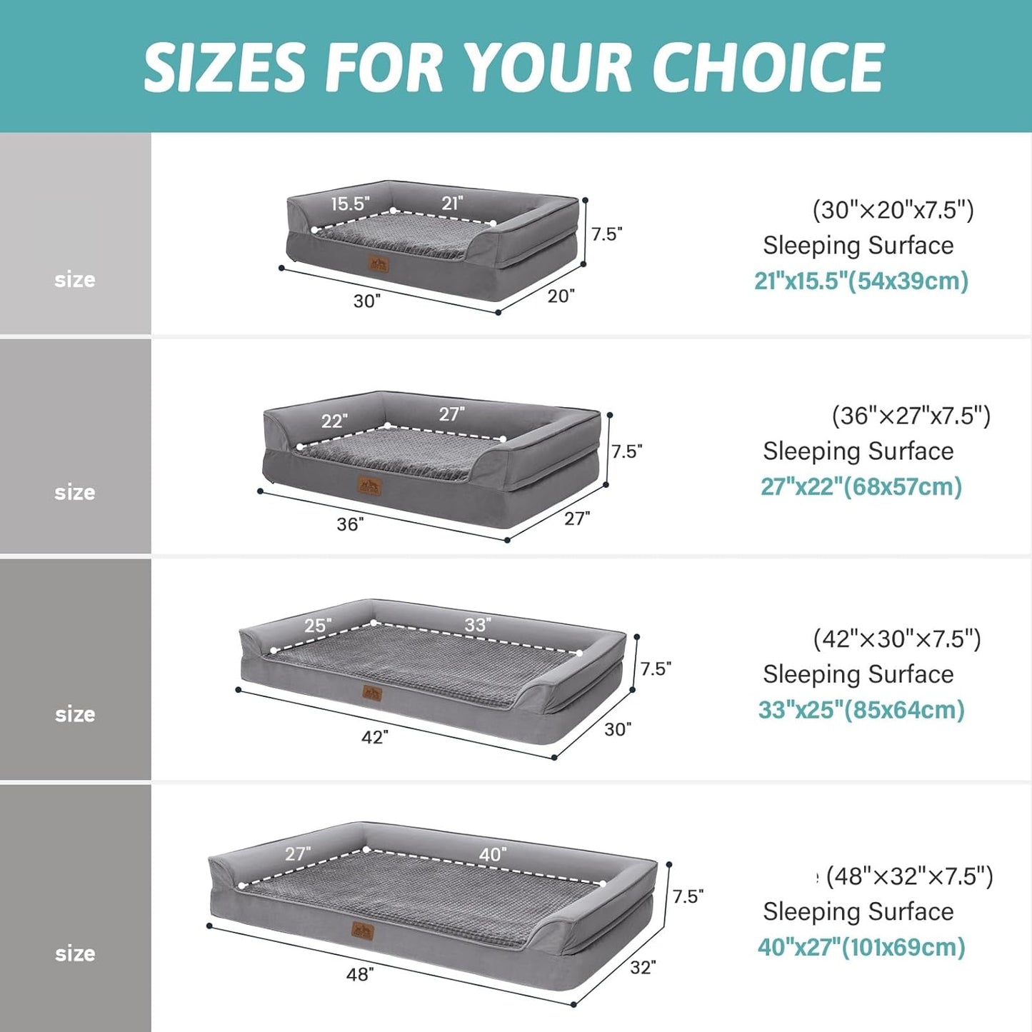 Orthopedic Dog Bed for Large Dog, XL Pet Couch for Extra Large Dog, Big Supportive Foam Bolster Sofa with Waterproof Lining Cover, Anti-Slip, Comfort, Washable, 42x30x7.5 in, U Shape, Grey