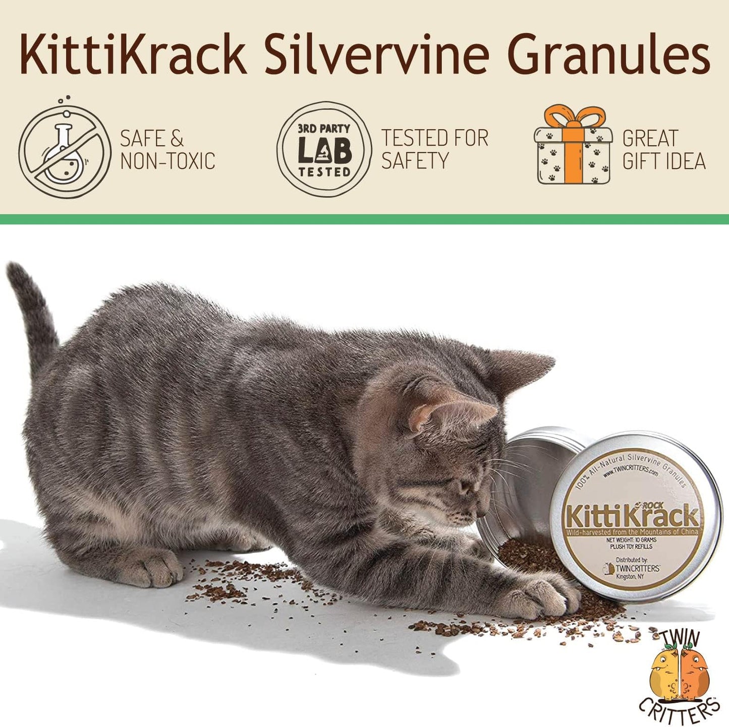 KittiKrack Rock Organic Silvervine Catnip Substitute for Cats & Kittens | All-Natural Wild Harvested Silvervine Granules | 4 Refills for TWINCRITTERS Refillable Plush Cat Toys | 10g