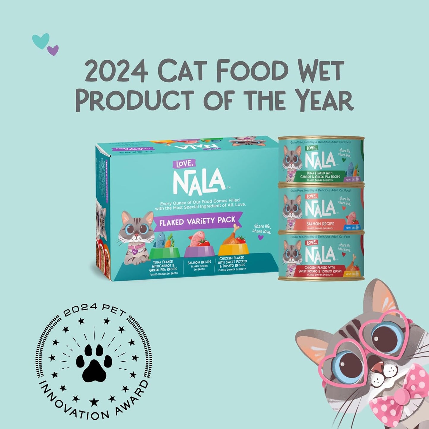 LOVE, NALA - FLAKED Fish & Chicken Variety Pack - 24 Pack- Natural Adult Cat Wet Food - Grain Free, Non-GMO, Lean Protein, Omega 3, Digestive Fiber, Added Minerals & Vitamins