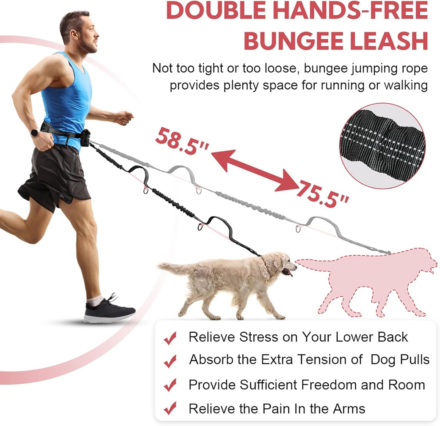 Hands Free Dog Leash, Waist Leash for Dog Walking 2 Dogs, Double Dog Leash for Two Dogs with Padded Handles, Dog Leashes for Medium and Large Dogs, Dog Walking Accessories,Tangle Free,No Pull