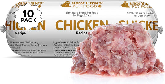 Raw Paws Signature Blend Pet Food for Dog & Cats - Chicken Recipe, 1-lb Rolls (10 Pack) - Frozen Fresh Dog Food - Made in USA - Natural Raw Diet Dog Food Log