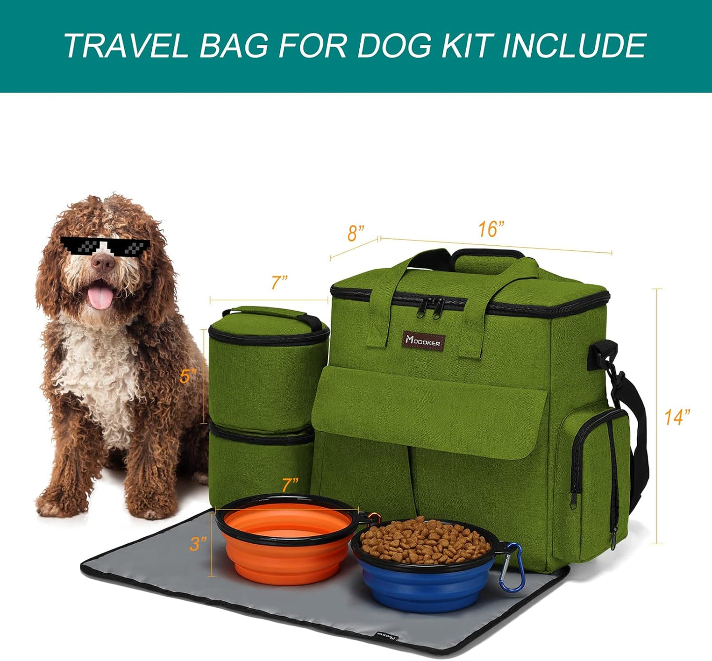 Modoker Dog Travel Bag, Weekend Pet Travel Set for Dog and Cat, Airline Approved Tote Organizer with Multi-Function Pockets and 2 Food Storage Containers, 2 Collapsible Bowls, 1 Feeding Mat (Green)