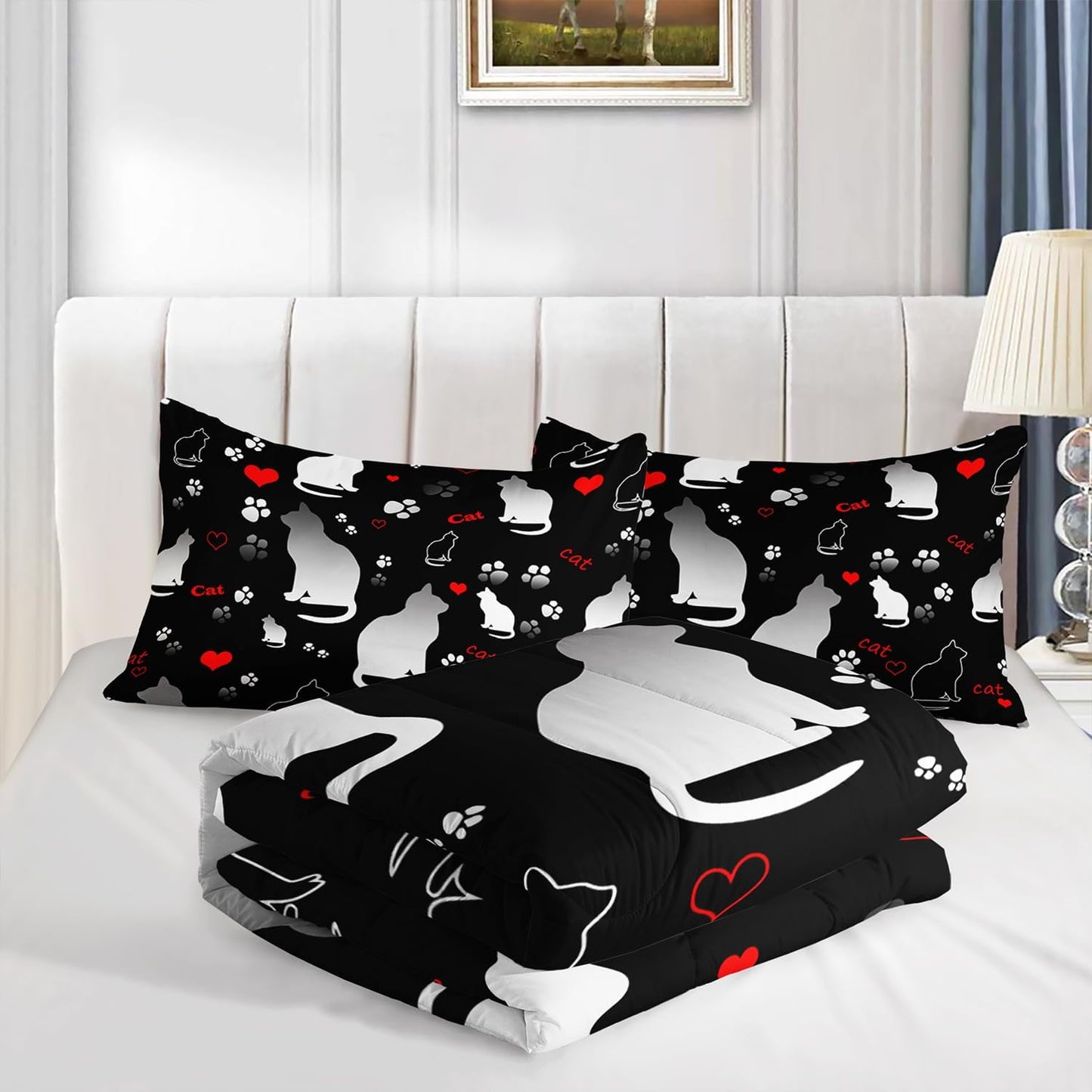 Kawaii Cat Animal Themed Comforter Set 3Pcs Full Black White Pet Cat Bedding Set for Kid Teen Girl Boy Adult Room Decor Cartoon Cat Paw Heart Pattern Quilt with 1 Comforter and 2 Pillowcases