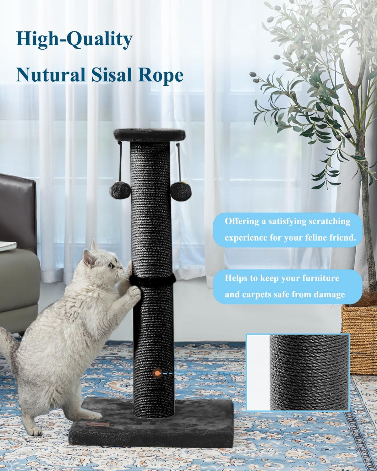 Kilodor 34Inch Tall Cat Scratching Post,4.3Inch Diameter Large Sisal Cat Scratch Post with Ball, Sturdy and Durable Cat Scratcher for Indoor Cats Adults Black