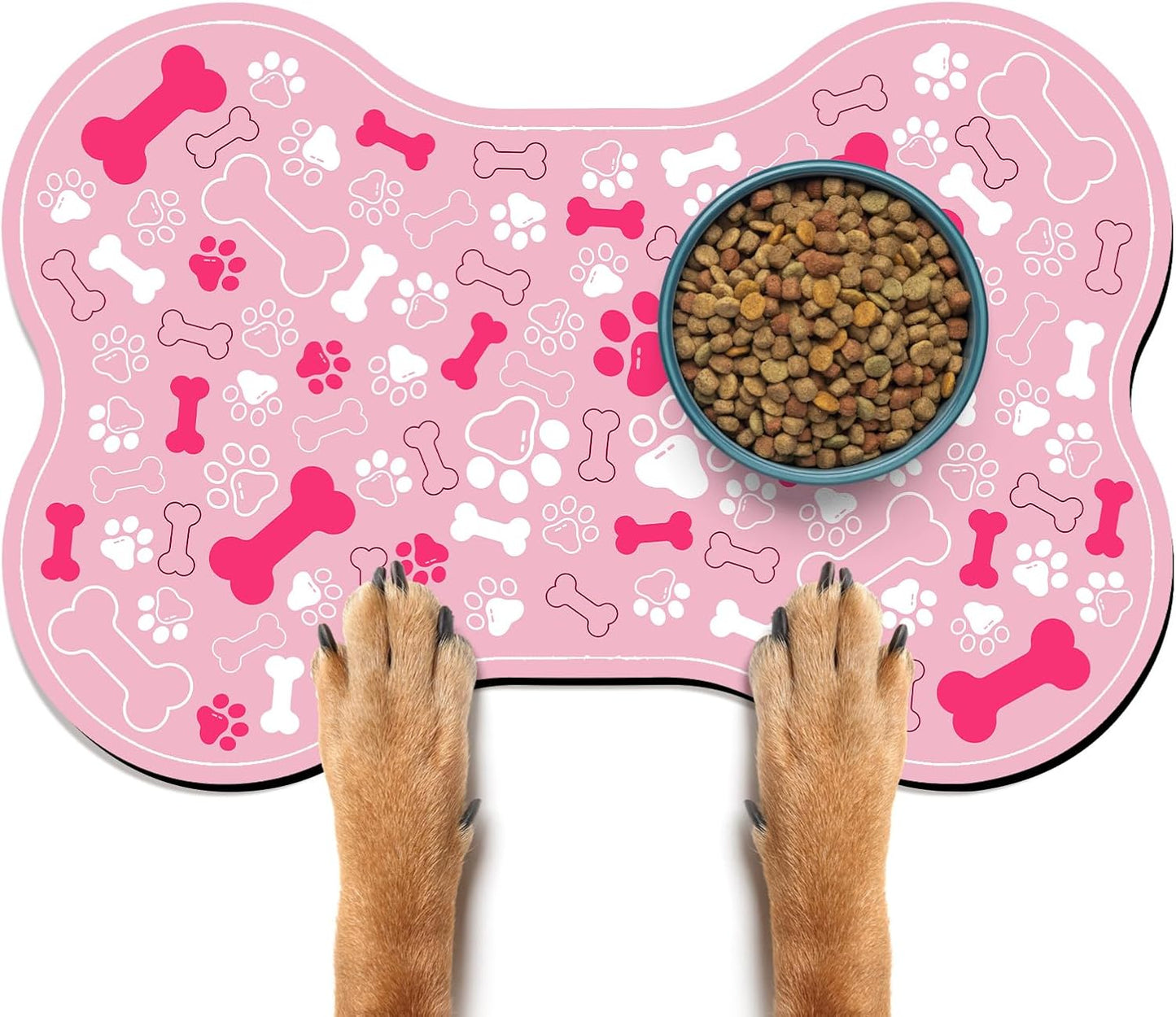 Dog & Cat Food Mat Bone Shaped Pet Feeding Mat Quick Absorb Water Bowl Placemat with Rubber Backing Indoor Floor Stain Resistant Pet Accessory Supplies (Light Pink, 16x24 Inches)