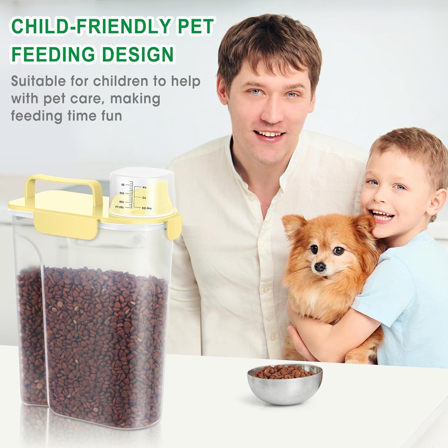 TBMax Pet Dog Cat Food Storage Container 5 to 7 lbs, Airtight Bird Seed Container with Large Spout & Cup, Cat Food Storage Dispenser for Kibble Dog Treat - Light Yellow