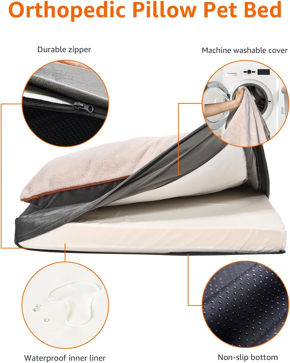 Amazon Basics Dog Bed with Cooling Gel Memory Foam, Pressure-Relief Support for Dogs up to 120lbs, Non-Slip Bottom, Machine Washable Cover, Giant Sized (48" x 36"), Grey