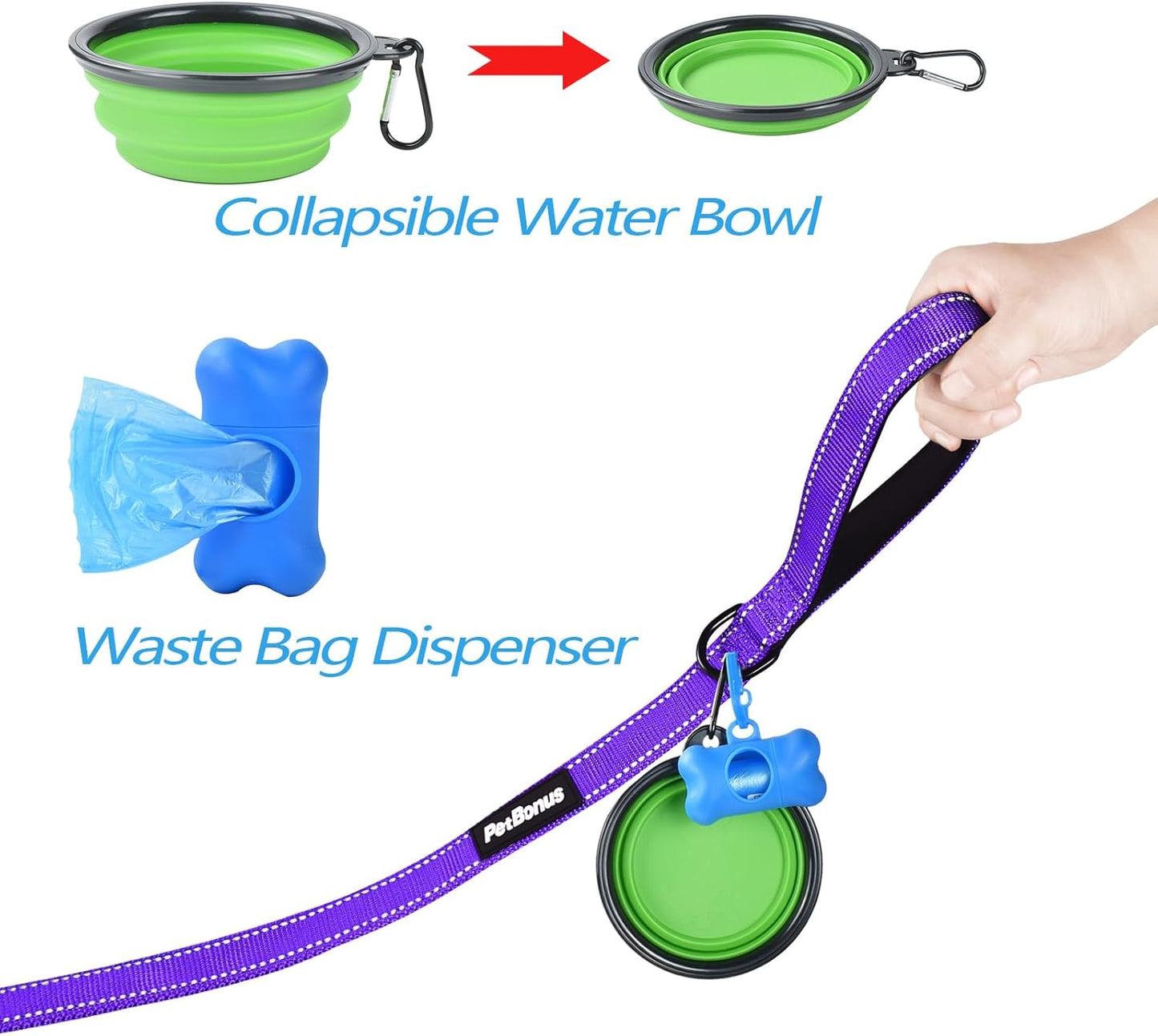 PetBonus Double Dog Leash, No Tangle Dual Leash, Reflective Walking Training Lead, 4 Comfortable Padded Handles for 2 Dogs with Collapsible Bowl and Waste Bags (Purple, Large)