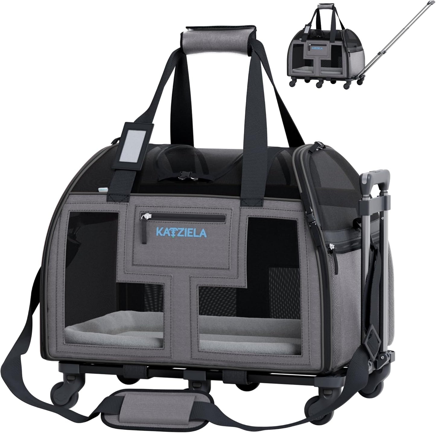 Katziela Airline Approved Pet Carrier - Rolling Portable Travel Carry Crate for Small Dog, Puppy or Cat - Soft Removable Wheeled Design with Mesh Window Sides - Airplane and TSA Compliant (Dark Grey)