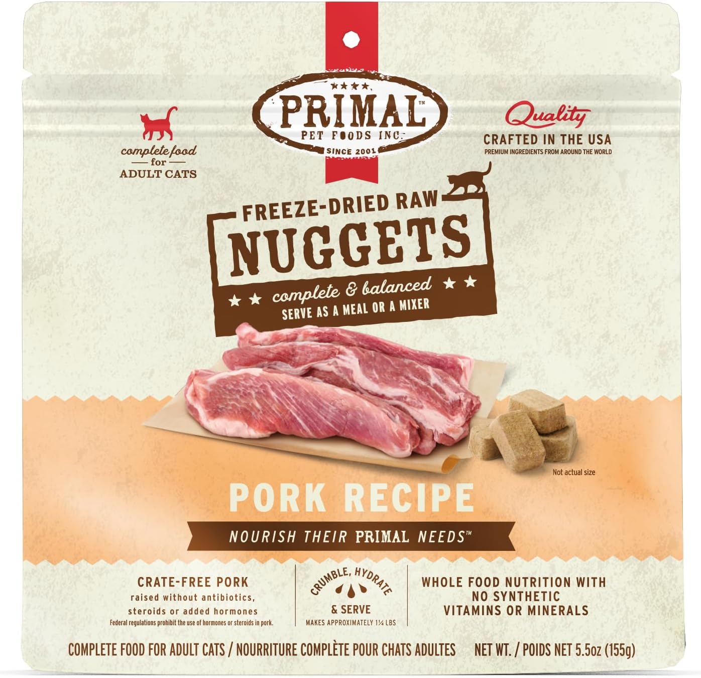 Primal Freeze Dried Raw Cat Food Nuggets Pork, Complete & Balanced Meal or Topper, Premium, Healthy, Grain Free, High Protein Raw Cat Food with Probiotics (5.5 oz)