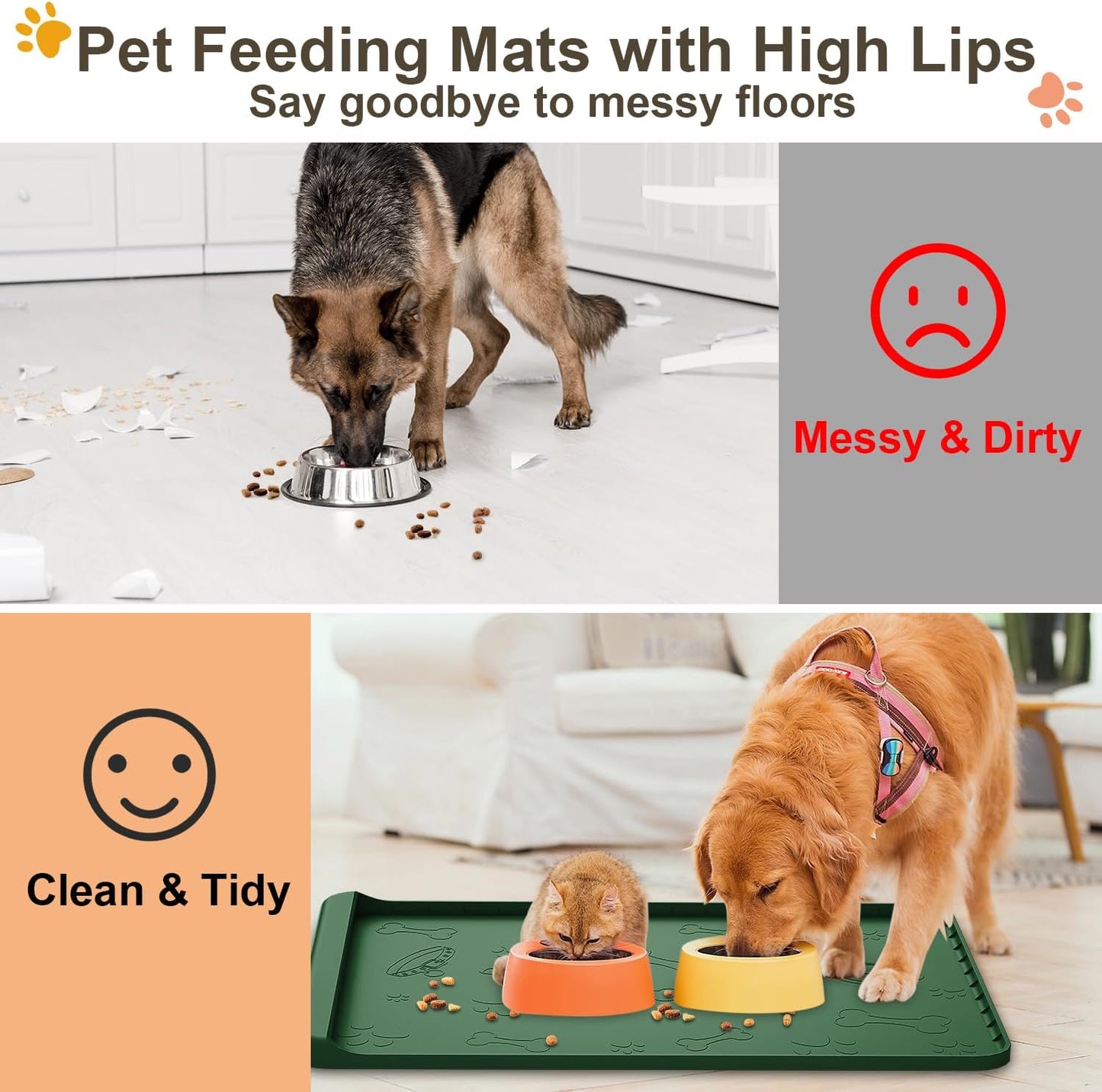 Dog Food Mat - Silicone Dog Mat for Food and Water - 36" x 24" Large Pet Feeding Mats with Residue Collection Pocket - Waterproof Dog Cat Bowl Mat with High Edges to Prevent Water Food Spills (Green)