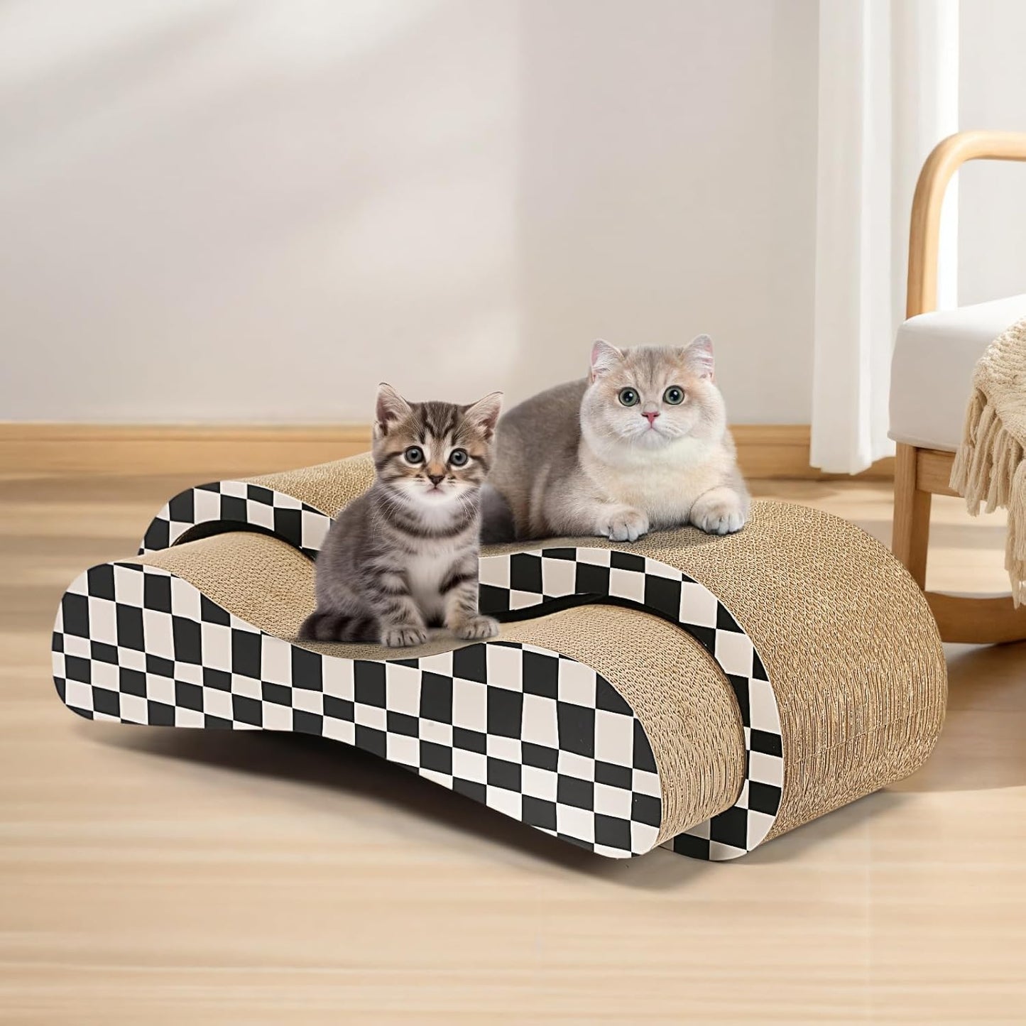 2 in 1 Cat Scratcher Cardboard Lounge Bed, Cat Scratching Post, Durable Board Pads Prevents Furniture Damage,Large,Checkerboard