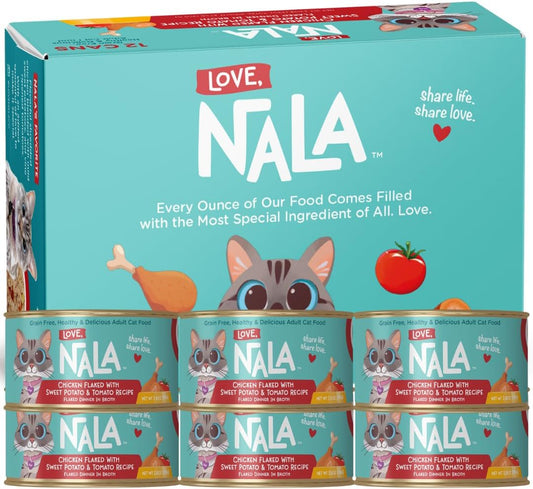 LOVE, NALA - Natural Adult Cat Wet Food - FLAKED Chicken, Sweet Potato, Tomato in Broth - Grain Free, Non-GMO, Digestive Fiber, Vitamins, Minerals - 12 Pack 2.4 lbs.