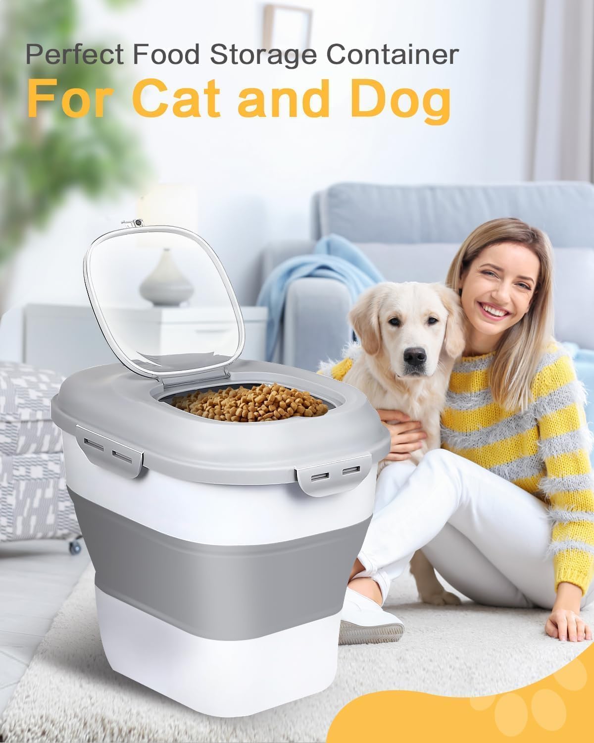 ANVS 2 Pack Dog Food Storage Container - Collapsible Cat Food Container with Airtight Lids, and Scoop,Dry Food For Dog, Cat and Other Pet Food (Grey, 10 lbs)