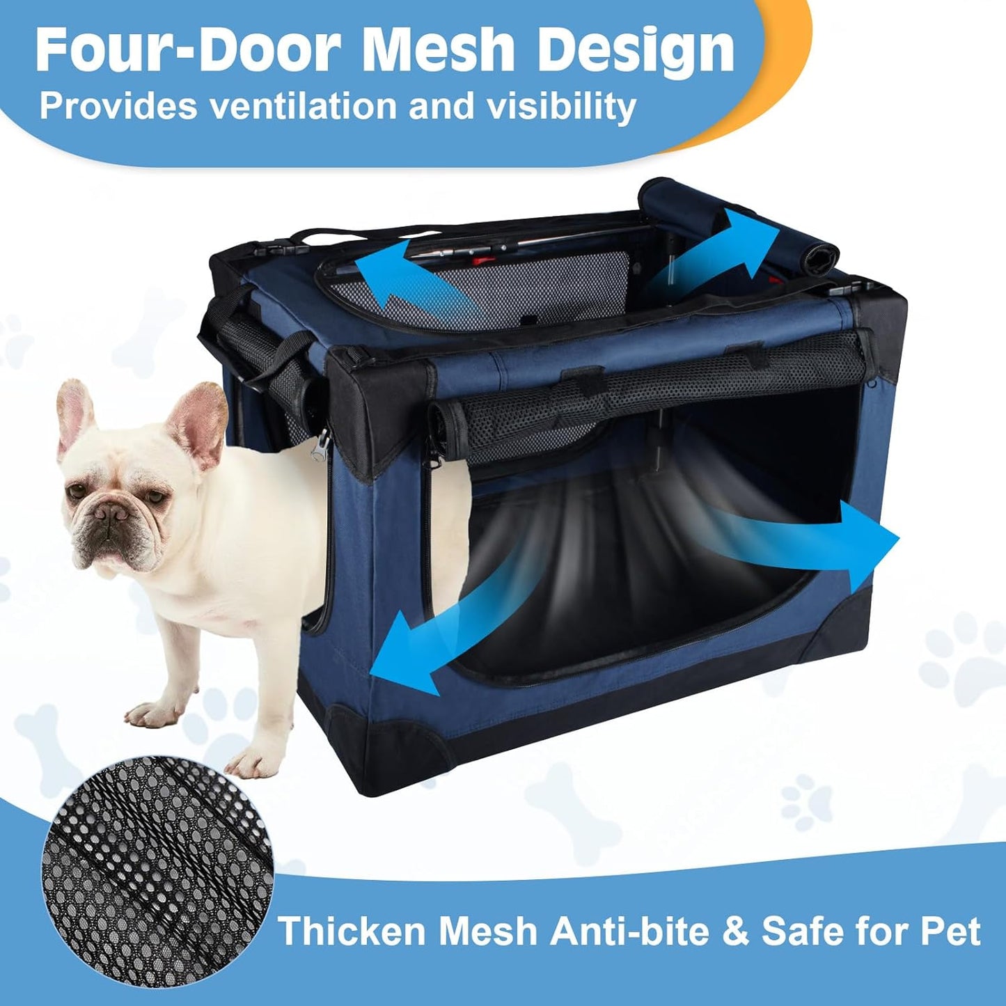 24 inch Small Dog Crate - for Small Dogs, Portable Travel Pet Crate with 4 Mesh Doors, Foldable Car Kennel for Puppy with Handle for Indoor and Outdoor, Bule