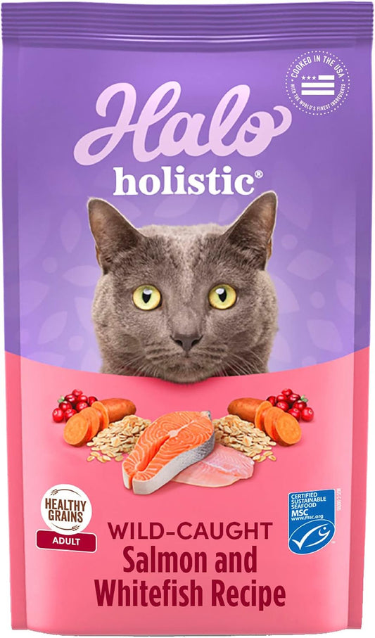 Halo Holistic Cat Food Wild Caught Salmon & Whitefish Formula, Healthy Grains Dry Cat Food, Complete Digestive Health, Kibble for Adult Cats, 10 lb Bag