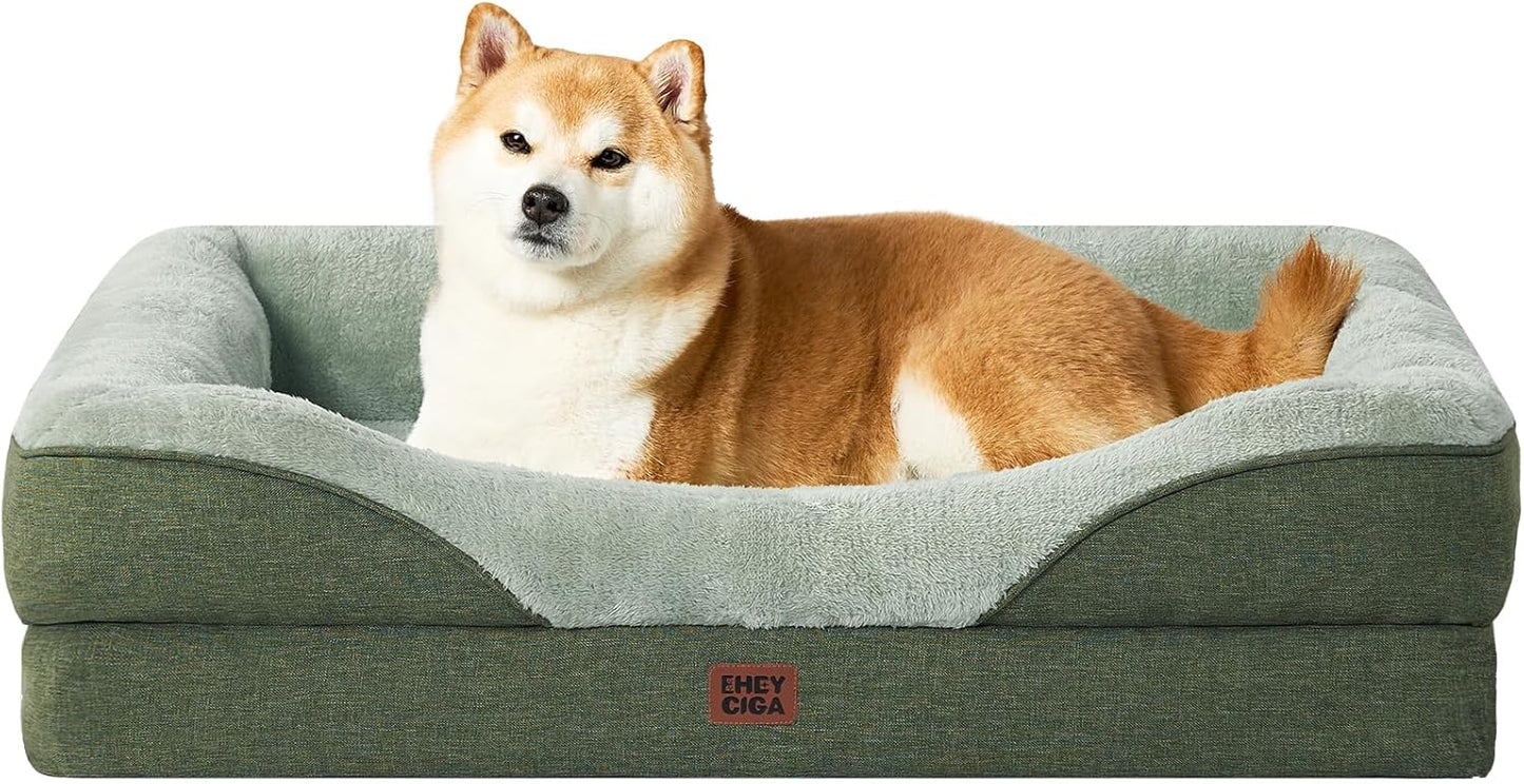 EHEYCIGA Memory Foam Dog Bed for Large Sized, Orthopedic Dog Sofa with Sides and Waterproof Liner, Washable Bolster Pet Couch with Removable Cover, 36x27x7 Inch, Green