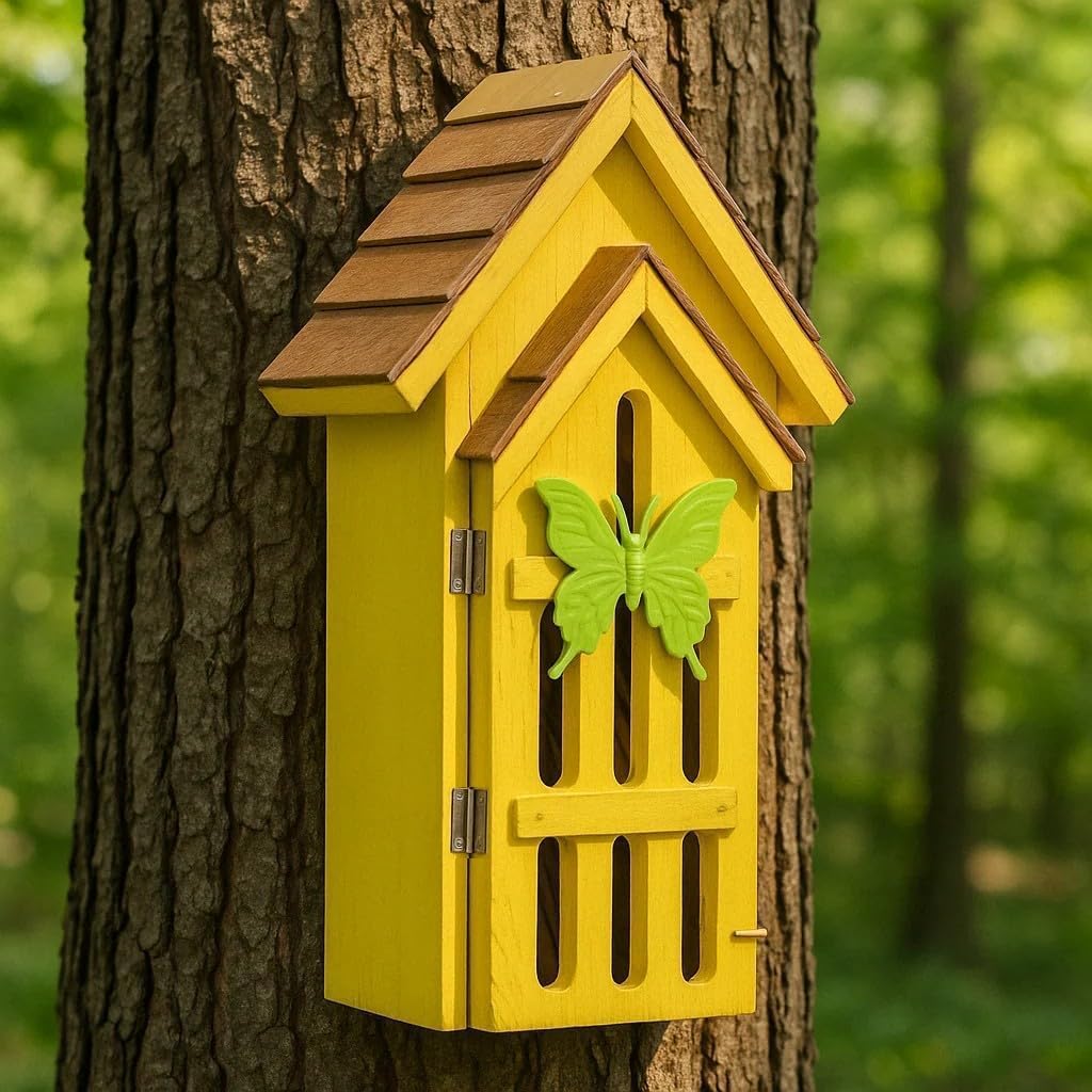 Shingle Roof Butterfly House for Outdoor, Insect House, Vintage Style Cedar Wood Bee House for Garden Outside, Open Door for Easy Cleaning Conservation.Shelter Hotel with Hooks for Hanging (Yellow)