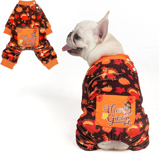 BEAUTYZOO Dog Thanksgiving Pajamas Small Sized Dog, Fleece Funny Ghost Pumpkin Costumes for Dogs, Soft Stretchable Doggy Onesie with Feet, Pet Apparel Clothes for Small Dogs Boy Girl, Orange S