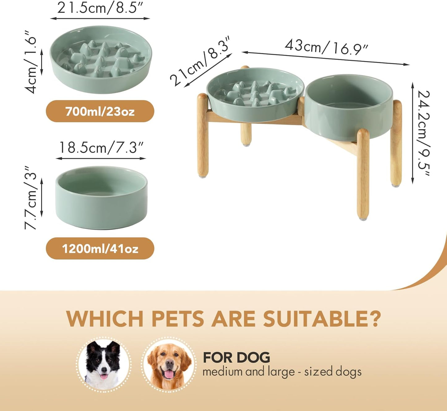 Ceramic Raised Slow Feeder Dog Bowl Set, Elevated 7.3inch Bowl and 8.2inch Slow Pet Food Dish with Wooden Stand for Medium and Large Dog (2 x Light Green+ Stand)