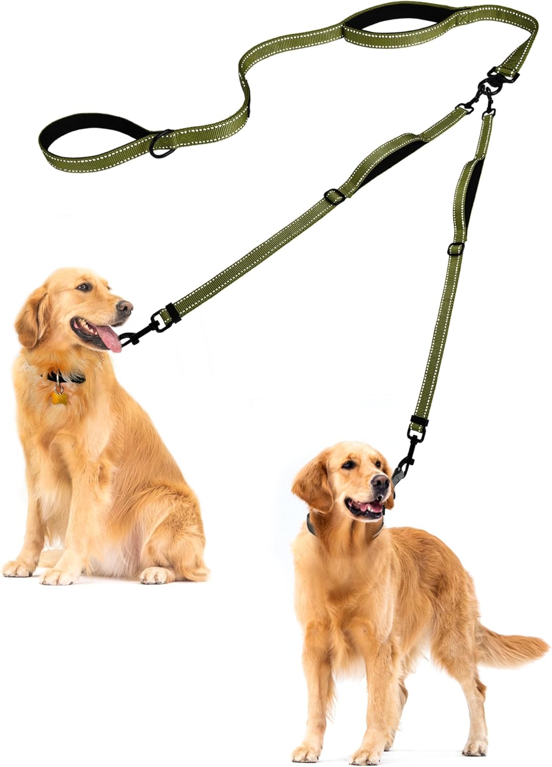 PetBonus Double Dog Leash, No Tangle Dual Leash, Reflective Walking Training Lead, 4 Comfortable Padded Handles for 2 Dogs with Collapsible Bowl and Waste Bags (Army Green, Large)