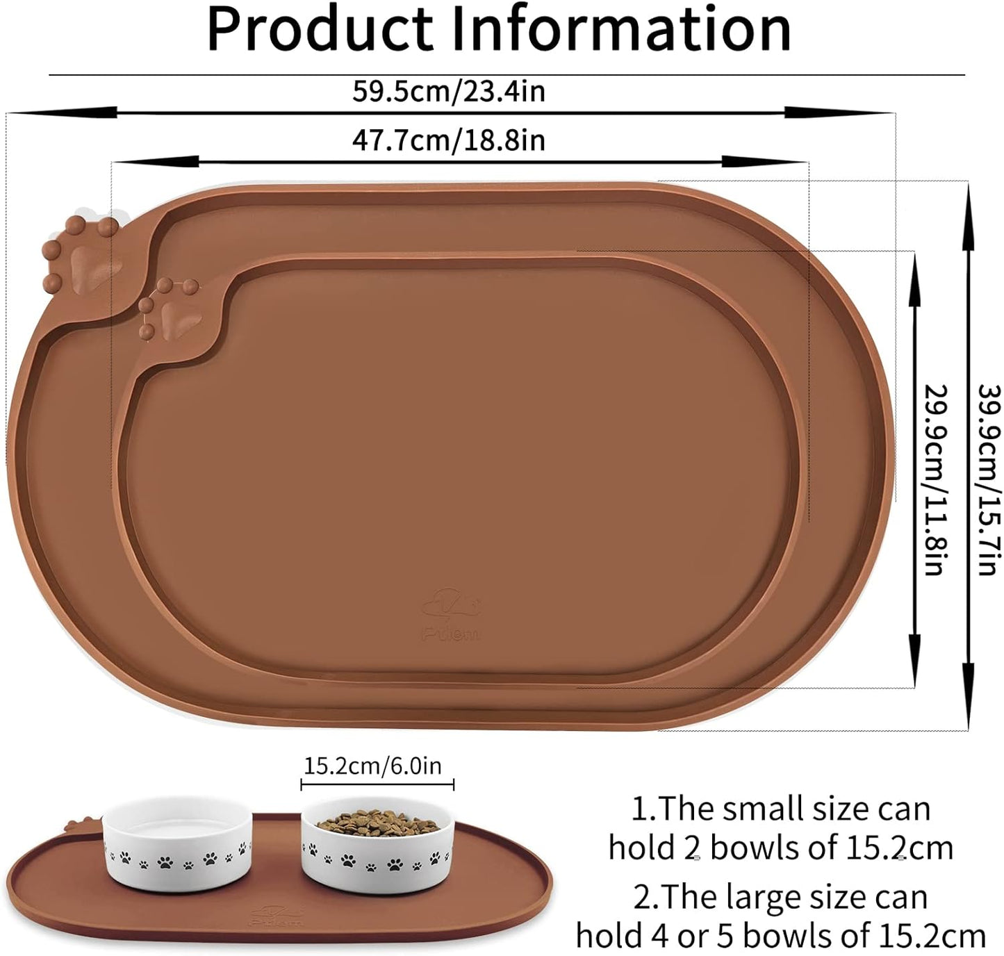 KPWACD Pet Placemat for Dog and Cat, Waterproof Silicone Dogs Feeding Bowl Mat Prevent Food and Water Overflow, High-Lips Puppy Dish Mats Suitable for Small Medium Big Pets, Brown, 19" * 12"