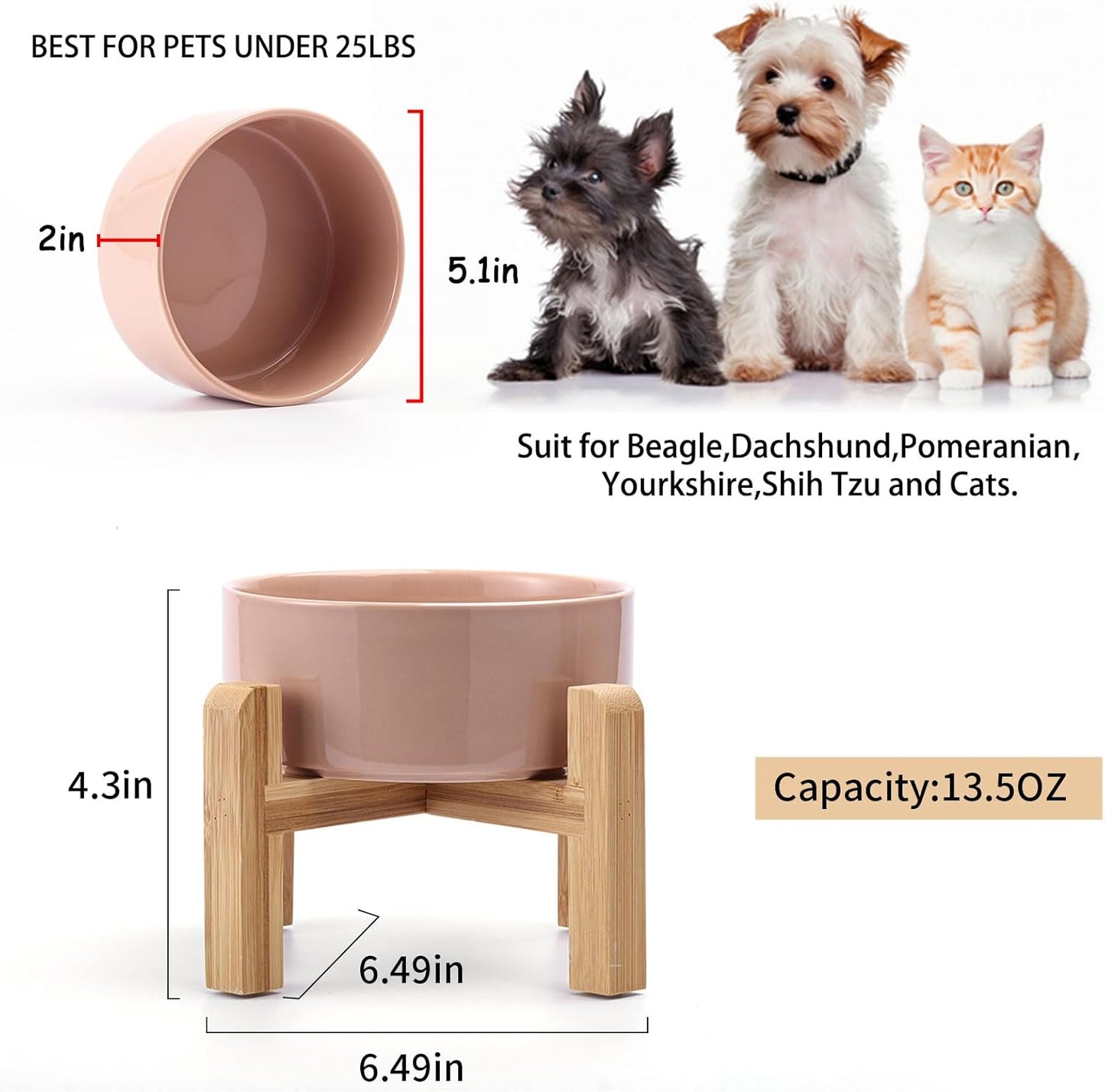 Petygooing Khaki Elevated/Raised Ceramic Dog Bowl for Small Breeds, Dog Food Water Dish with Stand,Pet Feeding Bowl with Anti Slip Rubber for Cats and Small Dogs Puppy 13.5 OZ (5.1In / 1.7 Cups)