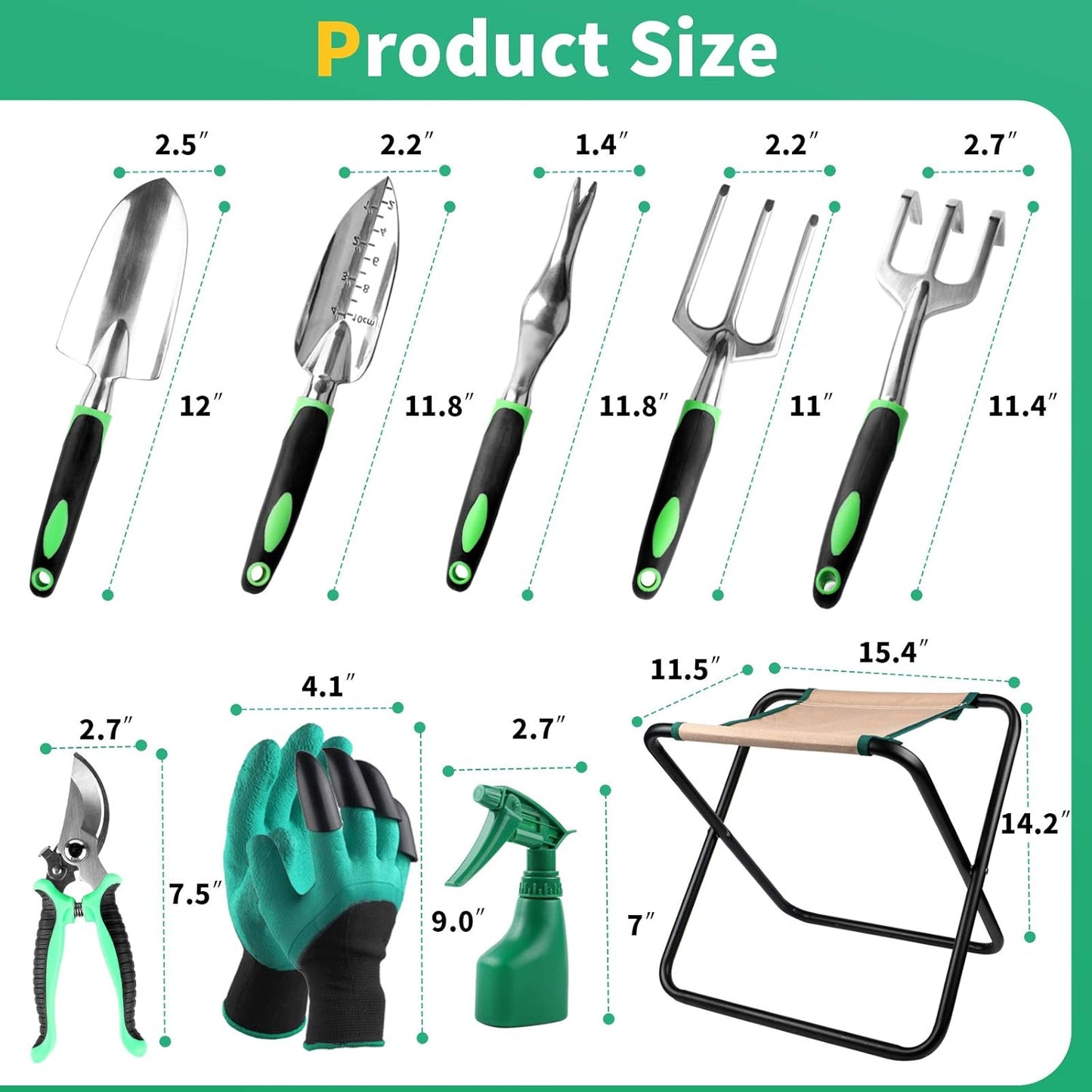 Kitness 9 PCS All-in-one Garden Tools Set Heavy Duty Cast-Aluminium Alloy Gardening Tools Kit with Folding Stool Seat&Detachable Canvas Tool Bag Great Gifts for Gardening